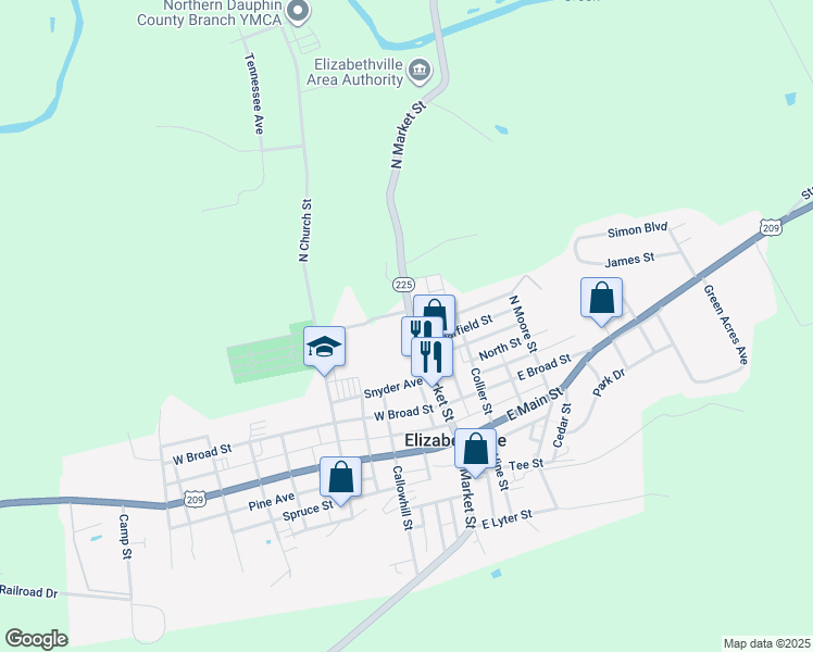 map of restaurants, bars, coffee shops, grocery stores, and more near 3902 Pennsylvania 225 in Elizabethville
