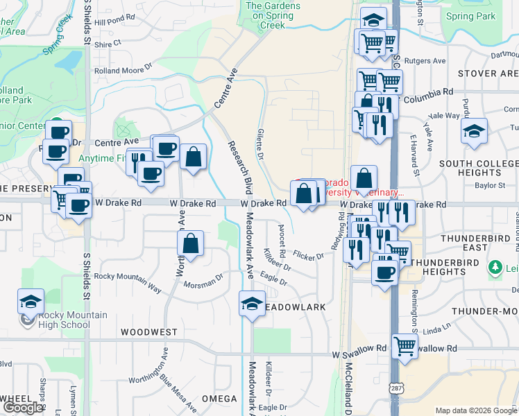 map of restaurants, bars, coffee shops, grocery stores, and more near 517 West Drake Road in Fort Collins