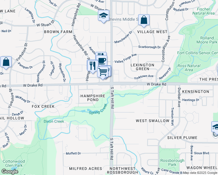 map of restaurants, bars, coffee shops, grocery stores, and more near 2607 South Taft Hill Road in Fort Collins