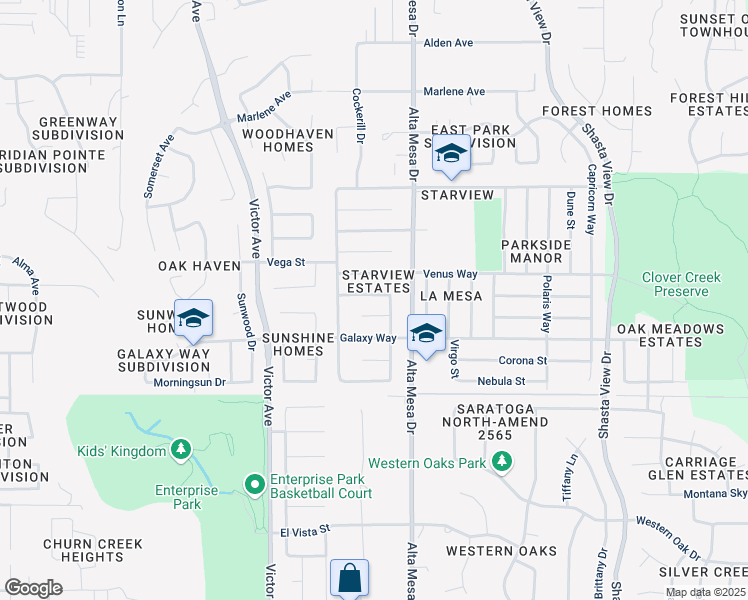 map of restaurants, bars, coffee shops, grocery stores, and more near 2115 Comet Street in Redding
