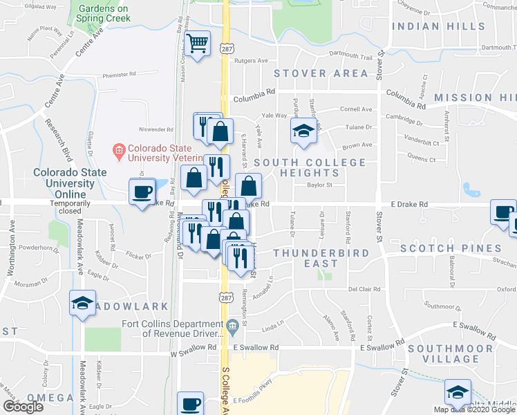 map of restaurants, bars, coffee shops, grocery stores, and more near 2600 Harvard Street in Fort Collins
