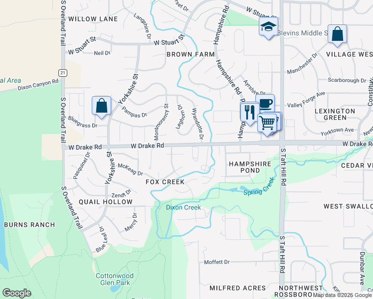 map of restaurants, bars, coffee shops, grocery stores, and more near 2506 Fox Run Ct in Fort Collins