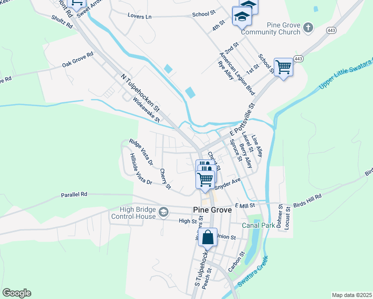 map of restaurants, bars, coffee shops, grocery stores, and more near 6 Fairview Street in Pine Grove