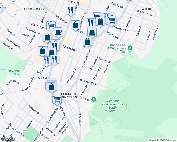 map of restaurants, bars, coffee shops, grocery stores, and more near 649 Evergreen Street in Emmaus