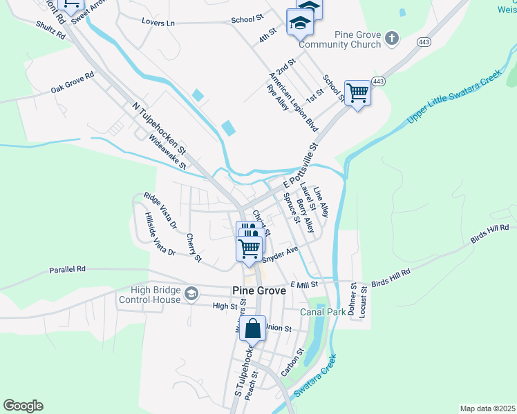 map of restaurants, bars, coffee shops, grocery stores, and more near 12 East Pottsville Street in Pine Grove