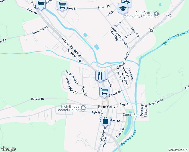 map of restaurants, bars, coffee shops, grocery stores, and more near 18 West Pottsville Street in Pine Grove