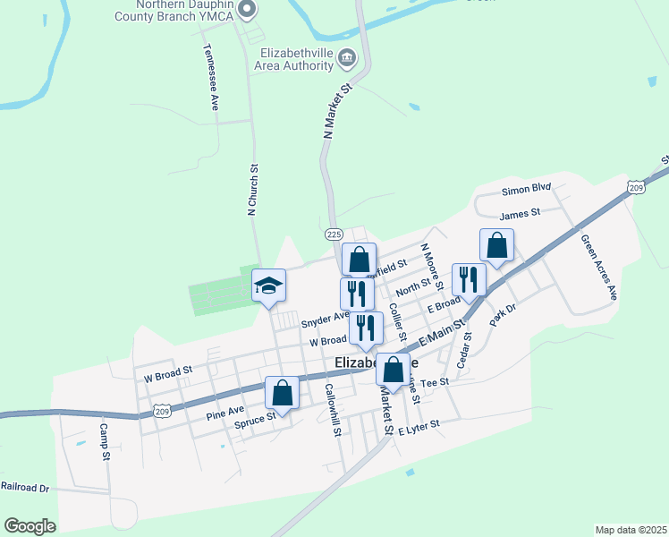 map of restaurants, bars, coffee shops, grocery stores, and more near 3902 Pennsylvania 225 in Elizabethville