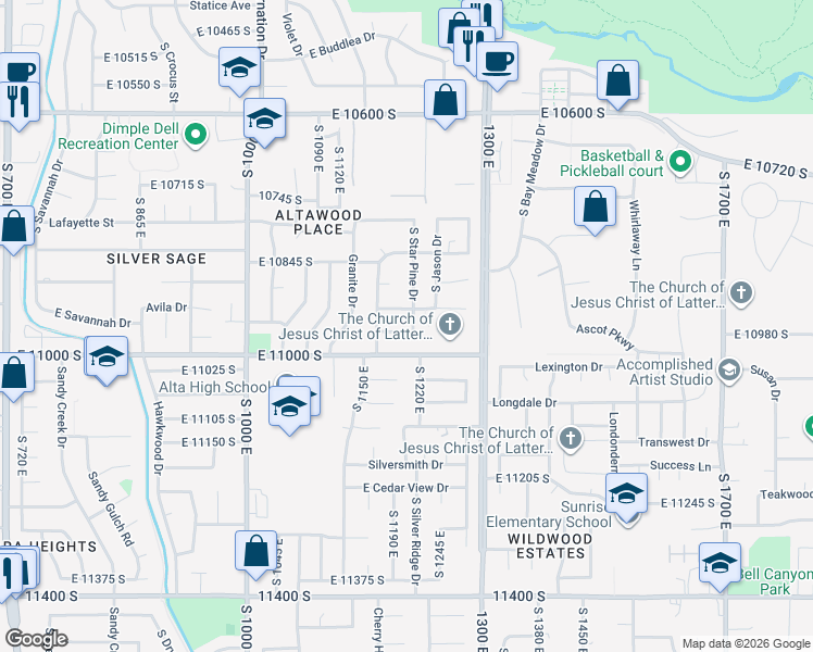 map of restaurants, bars, coffee shops, grocery stores, and more near 10950 Starpine Drive in Sandy