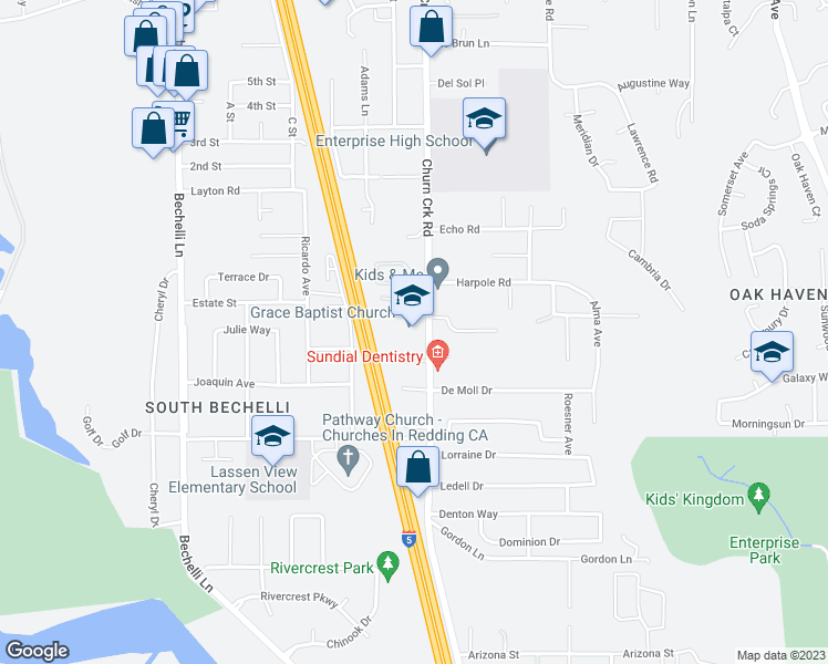 map of restaurants, bars, coffee shops, grocery stores, and more near 3782 Churn Creek Rd in Redding