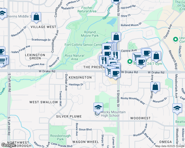 map of restaurants, bars, coffee shops, grocery stores, and more near 1306 Glen Haven Drive in Fort Collins