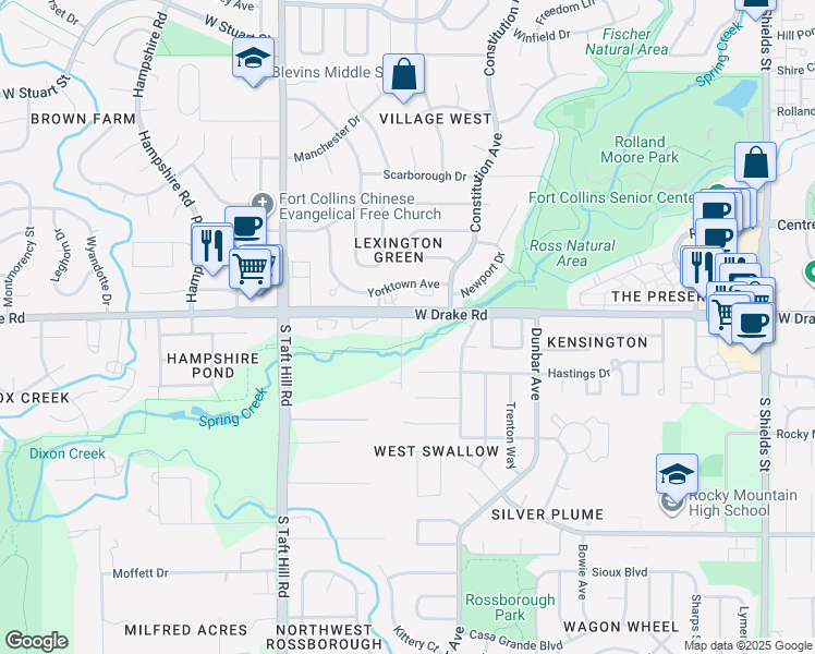 map of restaurants, bars, coffee shops, grocery stores, and more near 1717 West Drake Road in Fort Collins