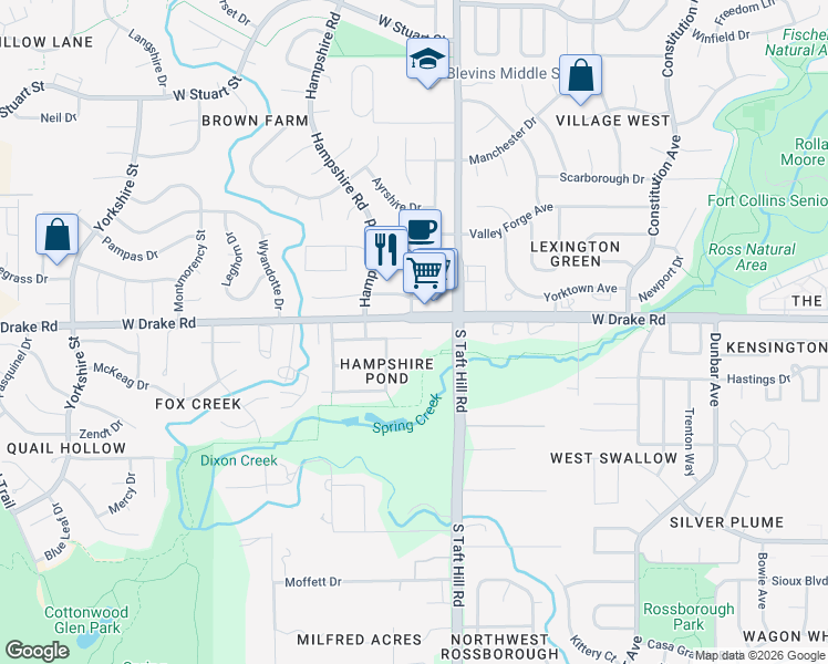 map of restaurants, bars, coffee shops, grocery stores, and more near 2168 Water Blossom Lane in Fort Collins