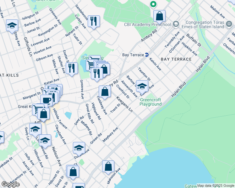 map of restaurants, bars, coffee shops, grocery stores, and more near 409 O'Gorman Avenue in Staten Island