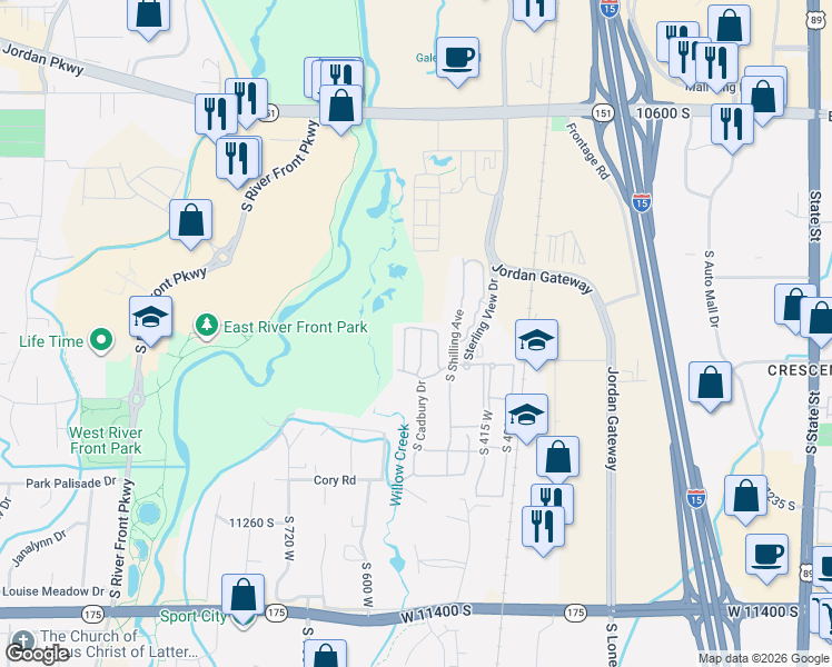map of restaurants, bars, coffee shops, grocery stores, and more near 10956 South Maple Forest Way in South Jordan