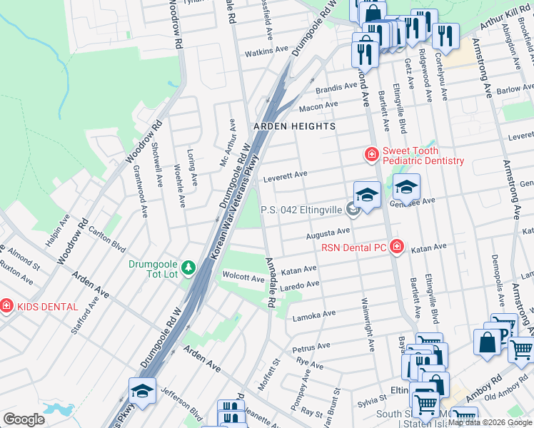 map of restaurants, bars, coffee shops, grocery stores, and more near 122 Lovelace Avenue in Staten Island