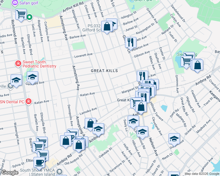 map of restaurants, bars, coffee shops, grocery stores, and more near 279 Katan Avenue in Staten Island