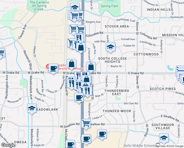 map of restaurants, bars, coffee shops, grocery stores, and more near 2600 Harvard Street in Fort Collins