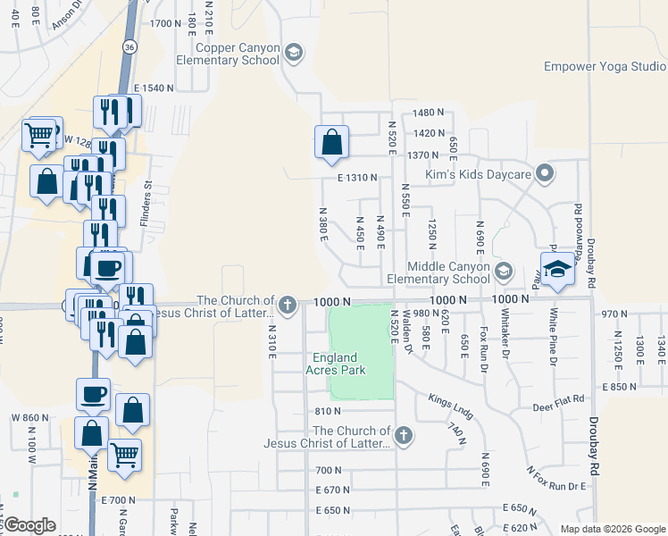 map of restaurants, bars, coffee shops, grocery stores, and more near 386 Lindy Way in Tooele