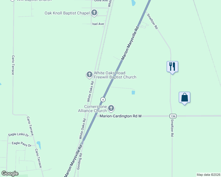 map of restaurants, bars, coffee shops, grocery stores, and more near 1909 Marion-Marysville Road in Marion