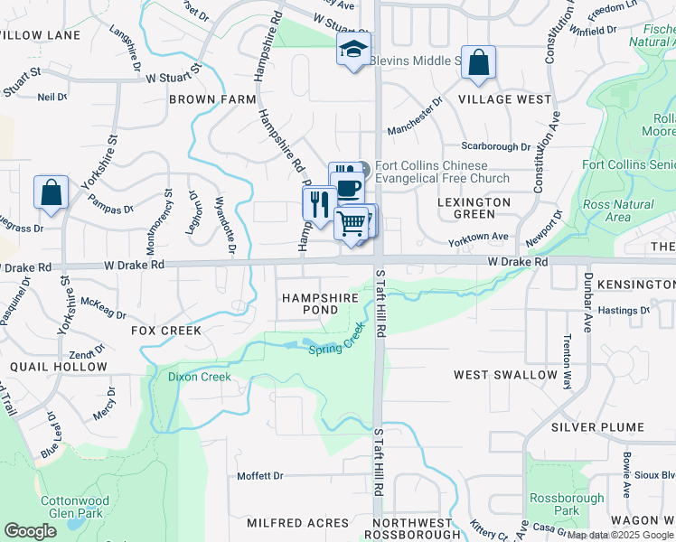 map of restaurants, bars, coffee shops, grocery stores, and more near 2168 Water Blossom Lane in Fort Collins
