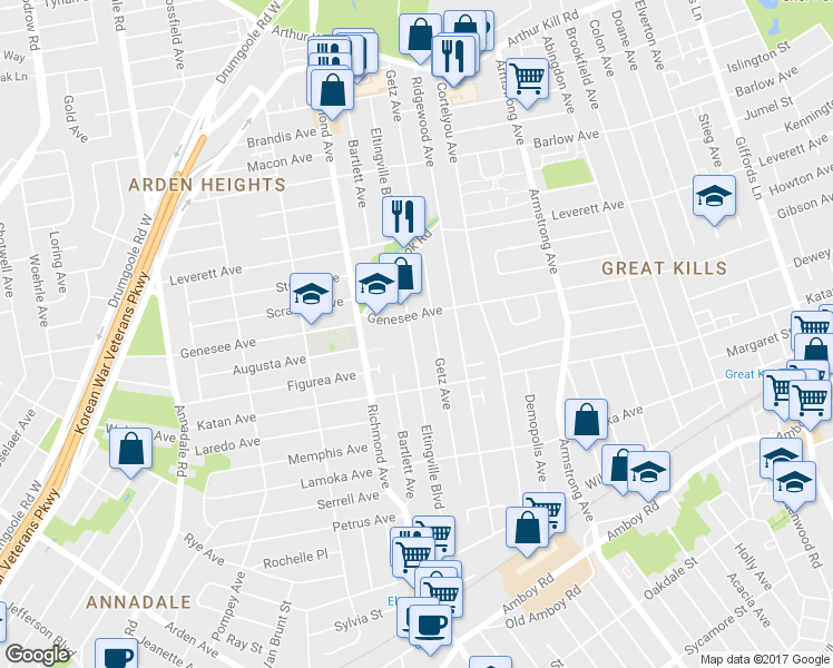 map of restaurants, bars, coffee shops, grocery stores, and more near 297 Eltingville Boulevard in Staten Island
