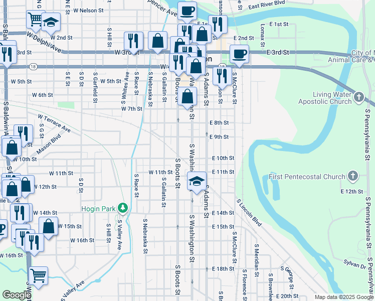 map of restaurants, bars, coffee shops, grocery stores, and more near 926 South Washington Street in Marion