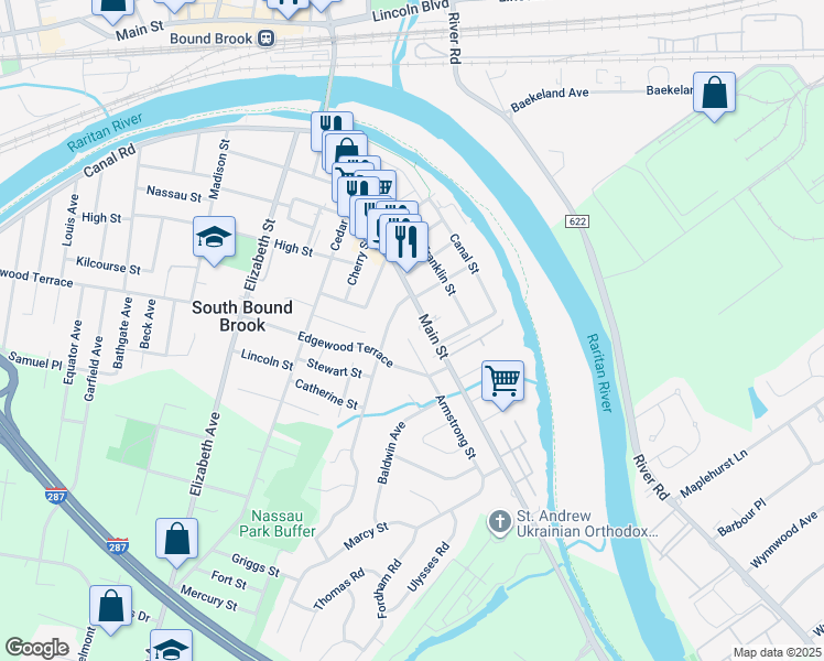map of restaurants, bars, coffee shops, grocery stores, and more near 5 Armstrong Street in South Bound Brook