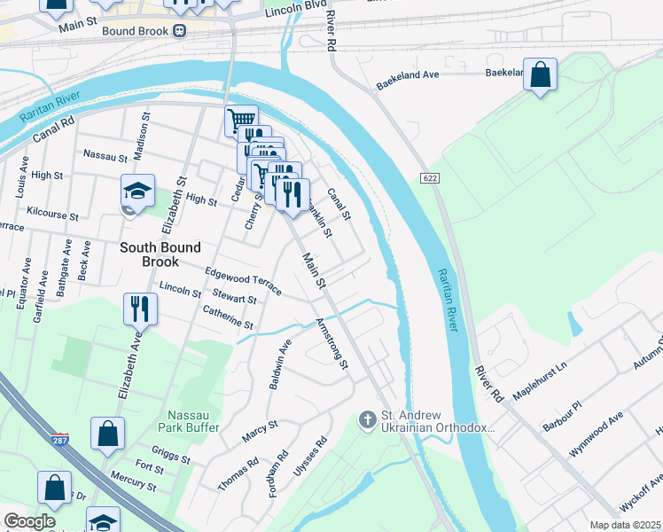 map of restaurants, bars, coffee shops, grocery stores, and more near 15 Johnson Street in South Bound Brook