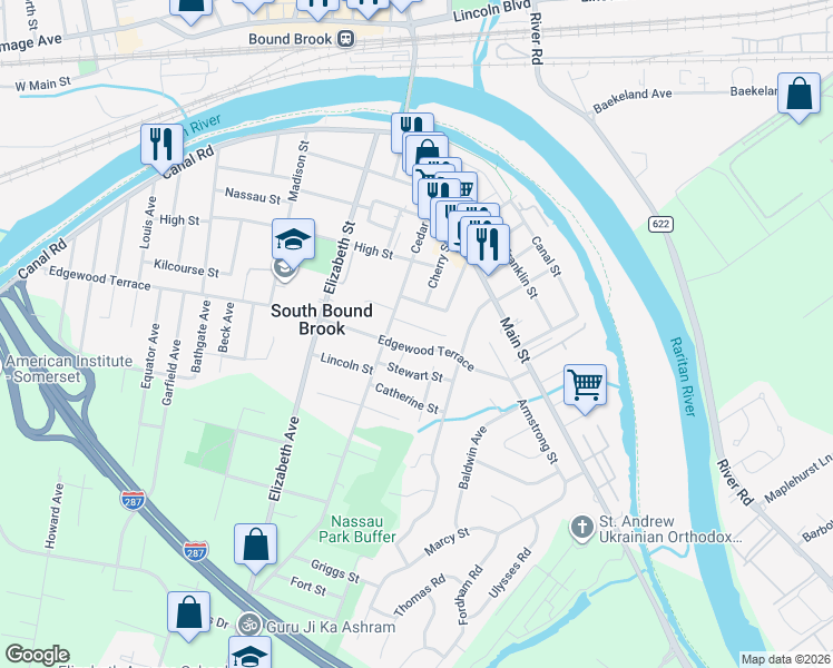 map of restaurants, bars, coffee shops, grocery stores, and more near 81 Noble Street in South Bound Brook
