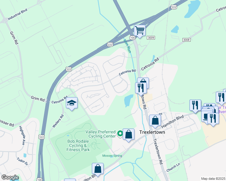 map of restaurants, bars, coffee shops, grocery stores, and more near 1126 Sparrow Way in Breinigsville