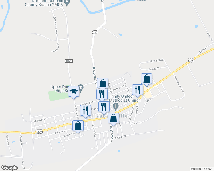 map of restaurants, bars, coffee shops, grocery stores, and more near 37 Clearfield Street in Elizabethville