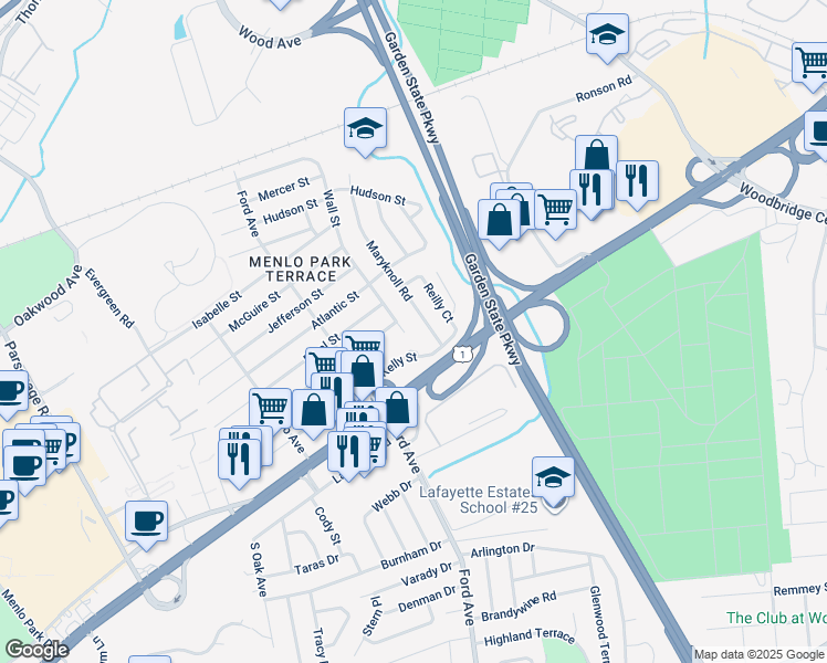 map of restaurants, bars, coffee shops, grocery stores, and more near 261 Wall Street in Metuchen