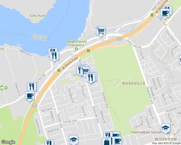 map of restaurants, bars, coffee shops, grocery stores, and more near 53 Pond Street in Staten Island