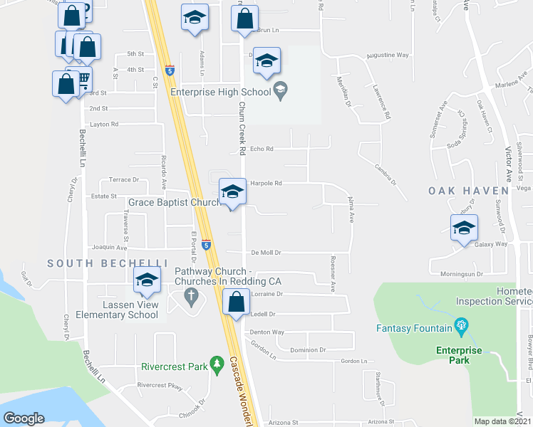 map of restaurants, bars, coffee shops, grocery stores, and more near 3751 Churn Creek Road in Redding