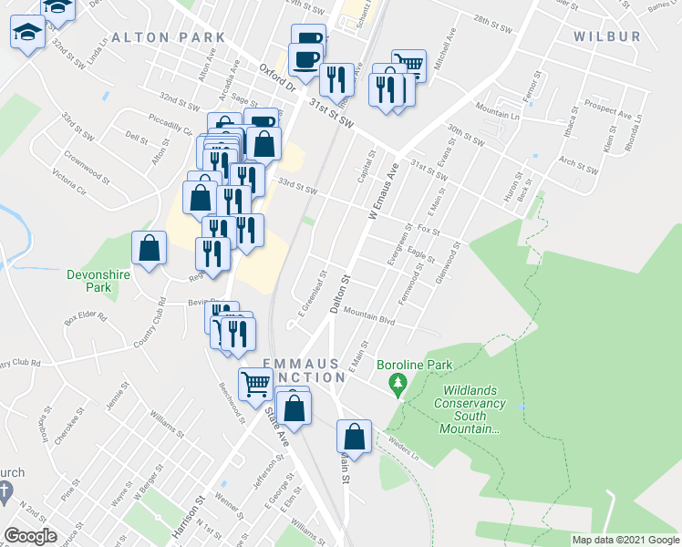 map of restaurants, bars, coffee shops, grocery stores, and more near 631 Dalton Street in Emmaus