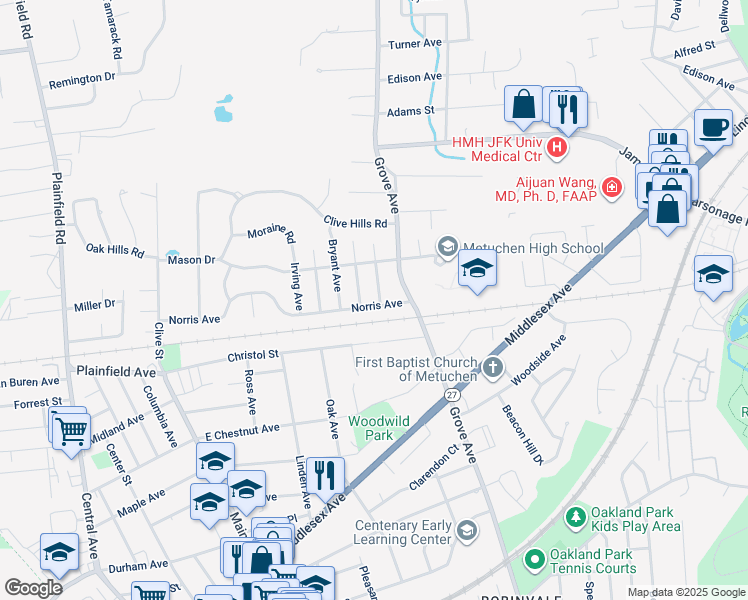 map of restaurants, bars, coffee shops, grocery stores, and more near 227 Norris Avenue in Metuchen