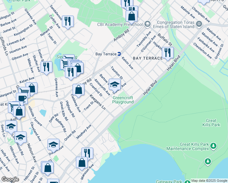 map of restaurants, bars, coffee shops, grocery stores, and more near 92 Bartow Street in Staten Island