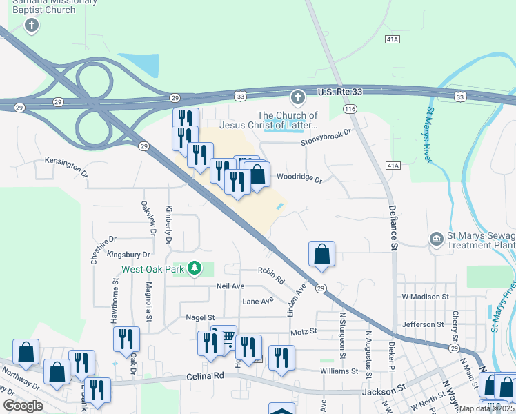 map of restaurants, bars, coffee shops, grocery stores, and more near 1170 Indiana Avenue in Saint Marys
