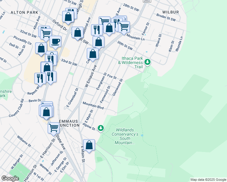 map of restaurants, bars, coffee shops, grocery stores, and more near 719 Glenwood Street in Emmaus