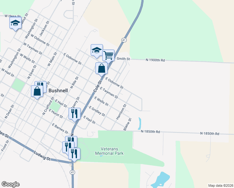 map of restaurants, bars, coffee shops, grocery stores, and more near 801-899 Cleveland Street in Bushnell