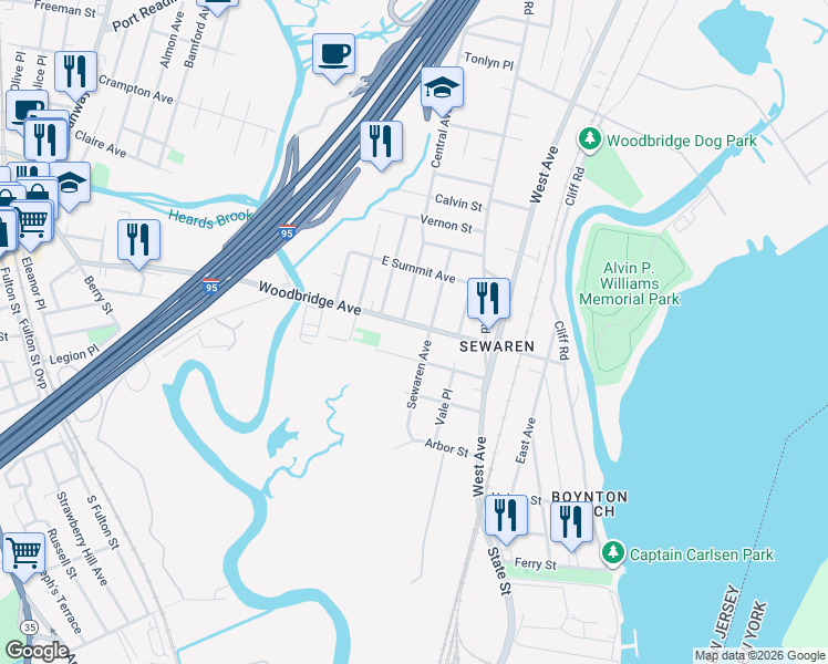 map of restaurants, bars, coffee shops, grocery stores, and more near 108 Woodbridge Avenue in Woodbridge Township