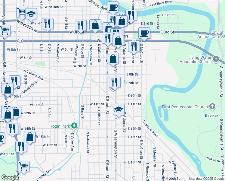 map of restaurants, bars, coffee shops, grocery stores, and more near 926 South Washington Street in Marion