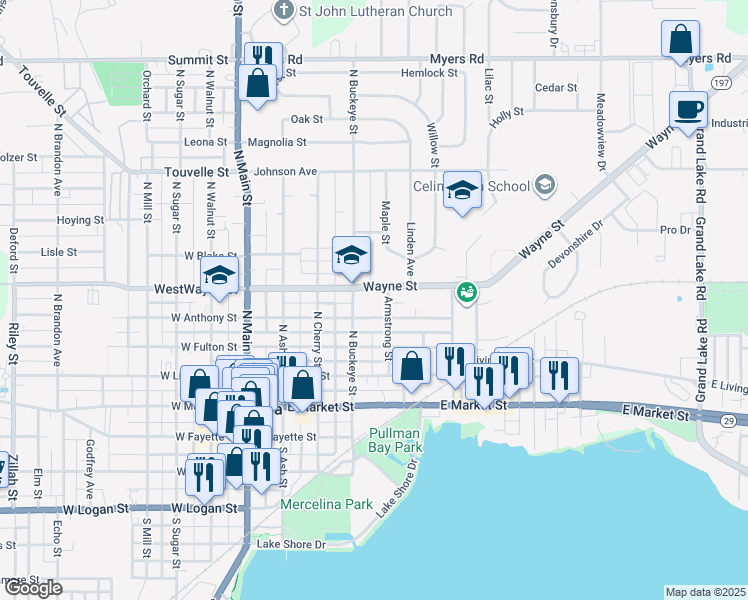 map of restaurants, bars, coffee shops, grocery stores, and more near 416 East Wayne Street in Celina