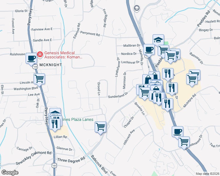 map of restaurants, bars, coffee shops, grocery stores, and more near 108 Drood Ln in Pittsburgh