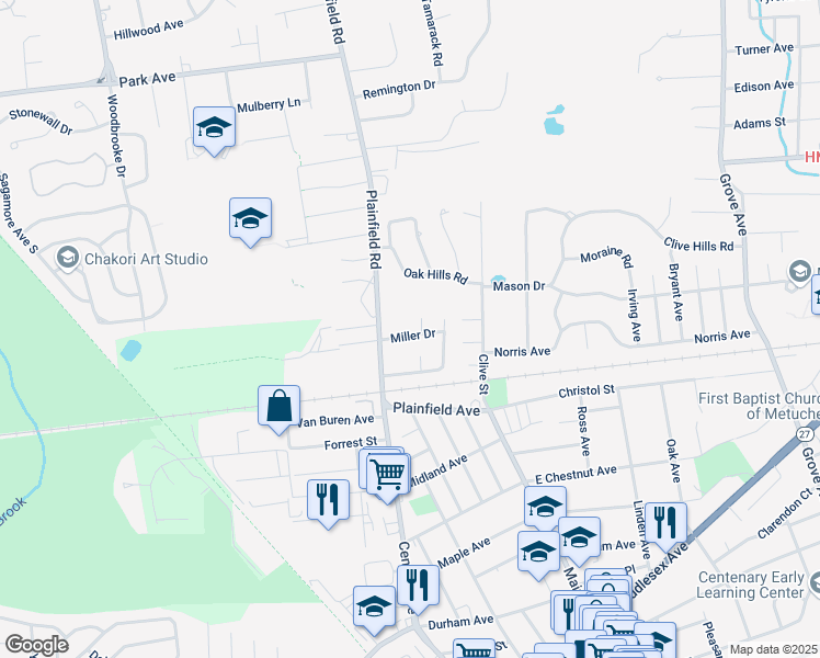 map of restaurants, bars, coffee shops, grocery stores, and more near 25 Miller Drive in Metuchen