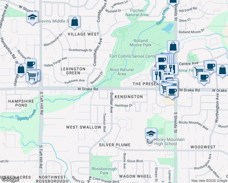 map of restaurants, bars, coffee shops, grocery stores, and more near 2600 Dunbar Avenue in Fort Collins