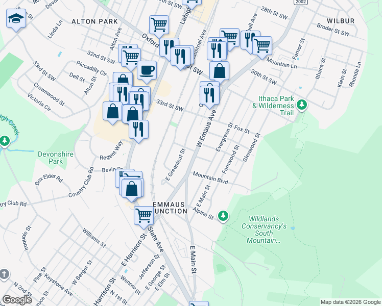map of restaurants, bars, coffee shops, grocery stores, and more near 631 Dalton Street in Emmaus