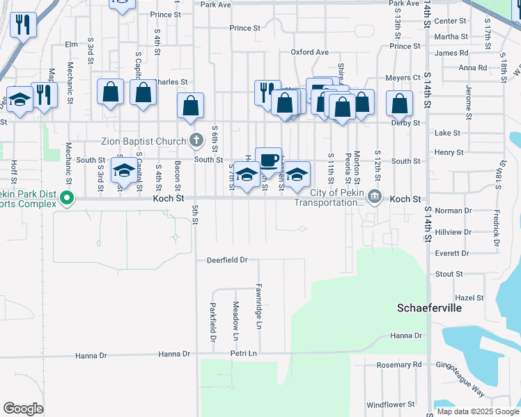 map of restaurants, bars, coffee shops, grocery stores, and more near 1505 S 8th St in Pekin