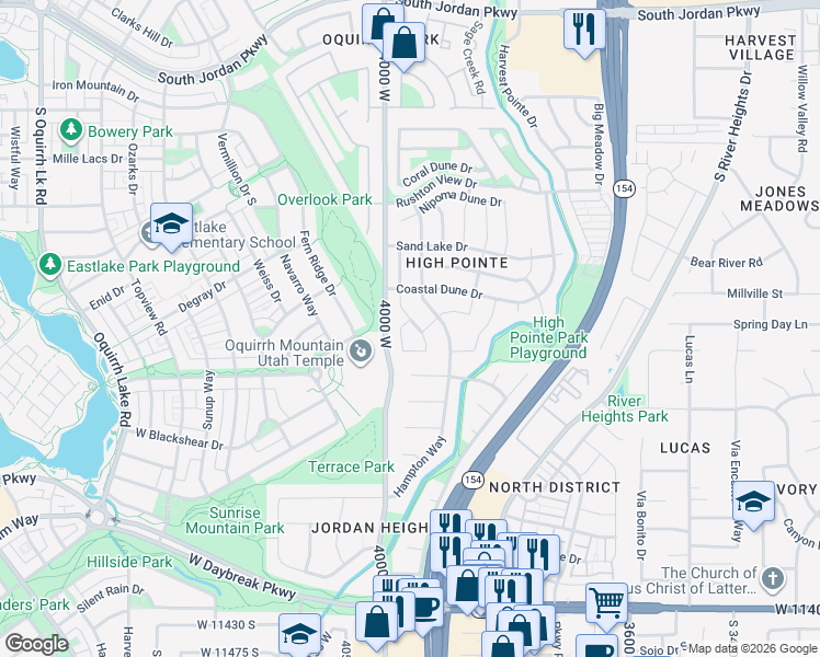map of restaurants, bars, coffee shops, grocery stores, and more near 10989 Namibian Dune Drive in South Jordan