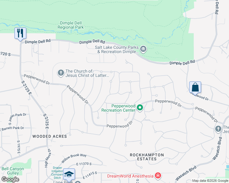 map of restaurants, bars, coffee shops, grocery stores, and more near 1 Longwood Lane in Sandy